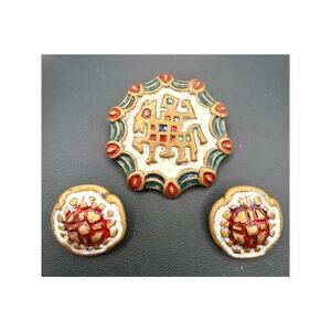 Vintage Handmade Bronze Cloisonne Enameled Brooch & Earring Set